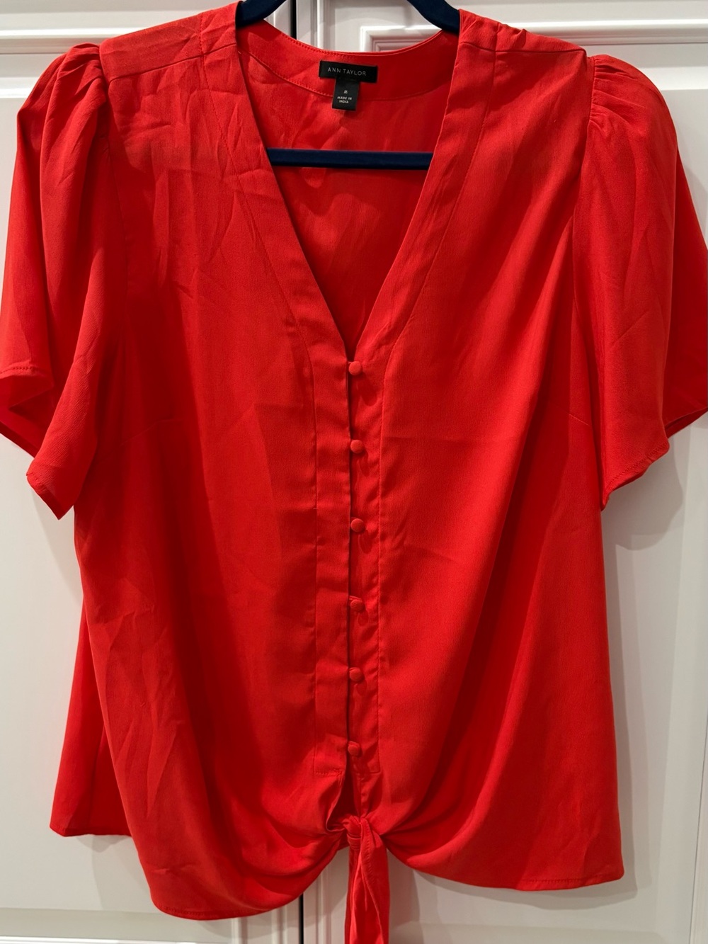 Ann Taylor Bright Red V-Neck Button Tie-Front Blouse